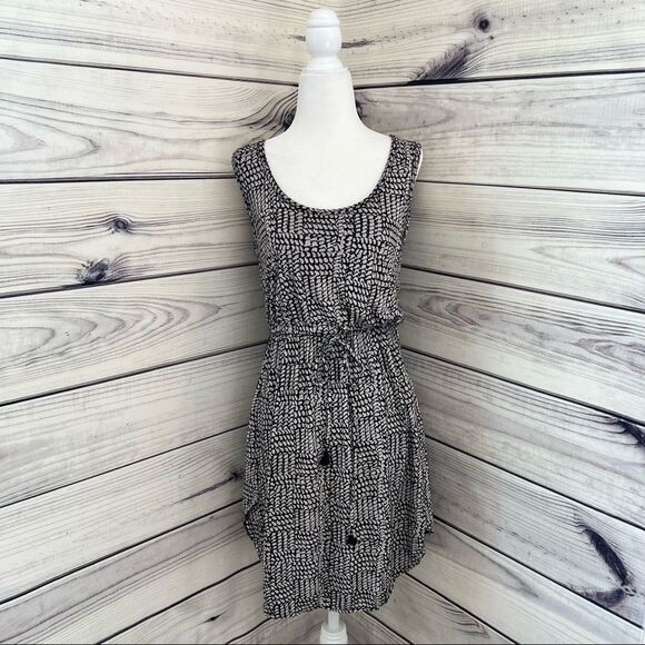 LUCKY Brand Linen Black & Beige Patterned Tassel Drawstring A-Line Dress - Picture 3 of 10